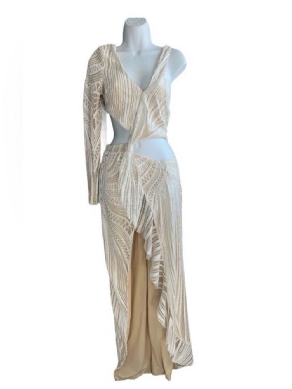 NWT Fashion Nova White Sequin One Shoulder Cutout Maxi Dress Bridal Bachelorette